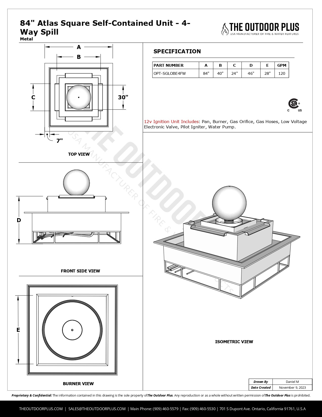 84″ Atlas Fire & Water - Self-Contained Unit - Square With 4 Spillways by The Outdoor Plus | American Fire Features