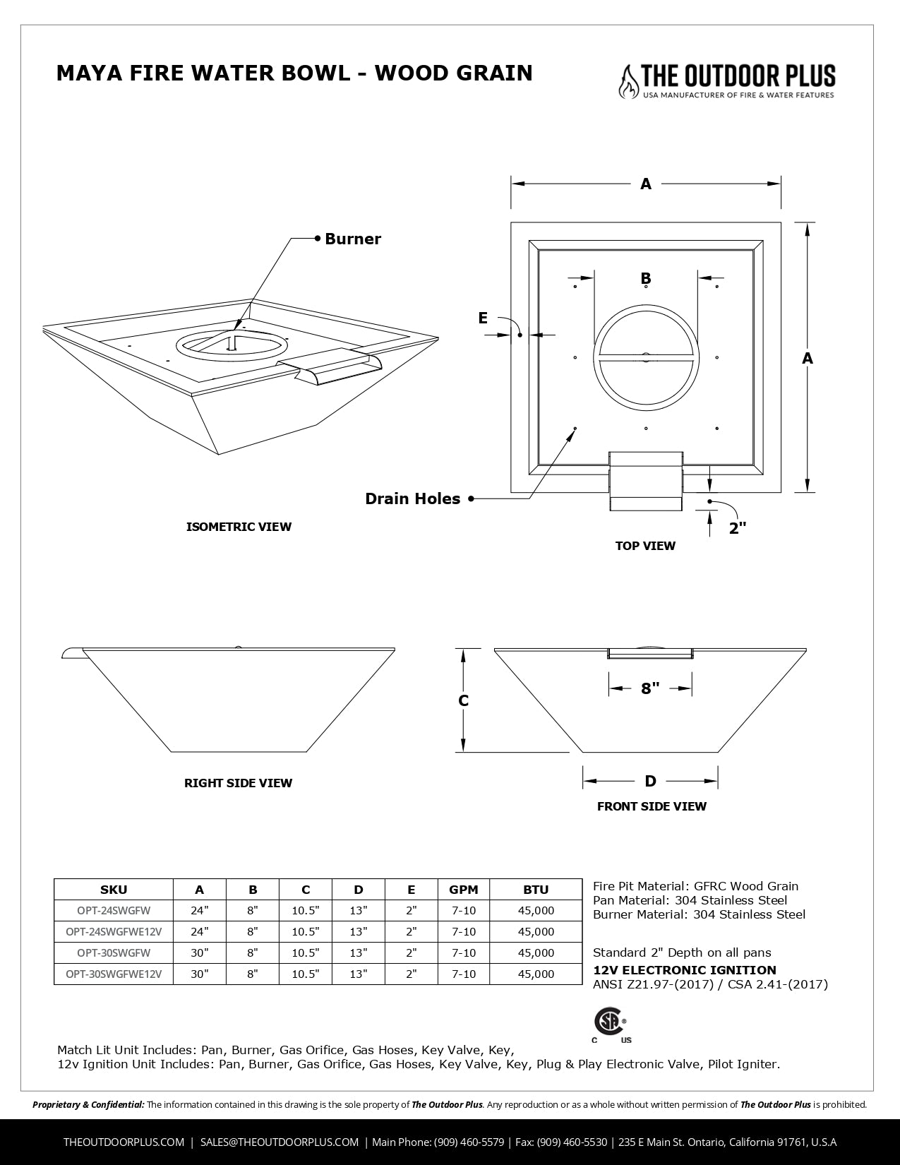 Maya Wood Grain Concrete Fire & Water Bowl by The Outdoor Plus - Free Cover Included | American Fire Features