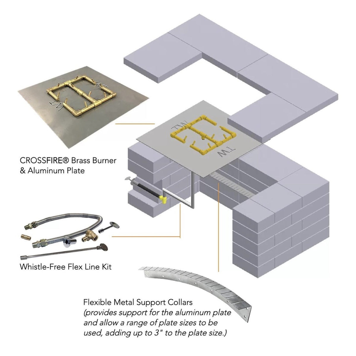 Installation diagram for the Warming Trends Crossfire 160K BTU H-Style burner and rectangular aluminum plate