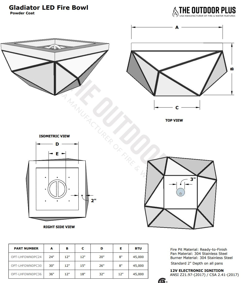 Gladiator Led Fire Bowl Metal Powder Coat by The Outdoor Plus - Free Cover Included | American Fire Features