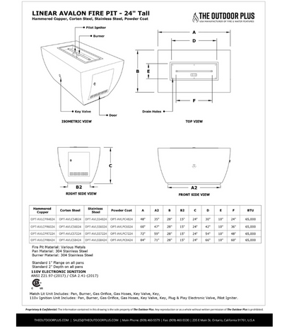 The Outdoor Plus Avalon Linear Metal Fire Pit - 24" Tall + Free Cover