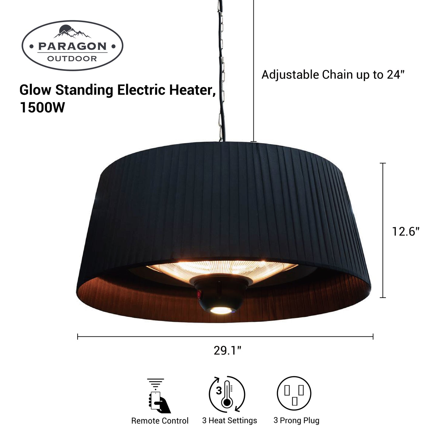 SOL GLOW Black Pendant Electric Heater, 36”, 1500W