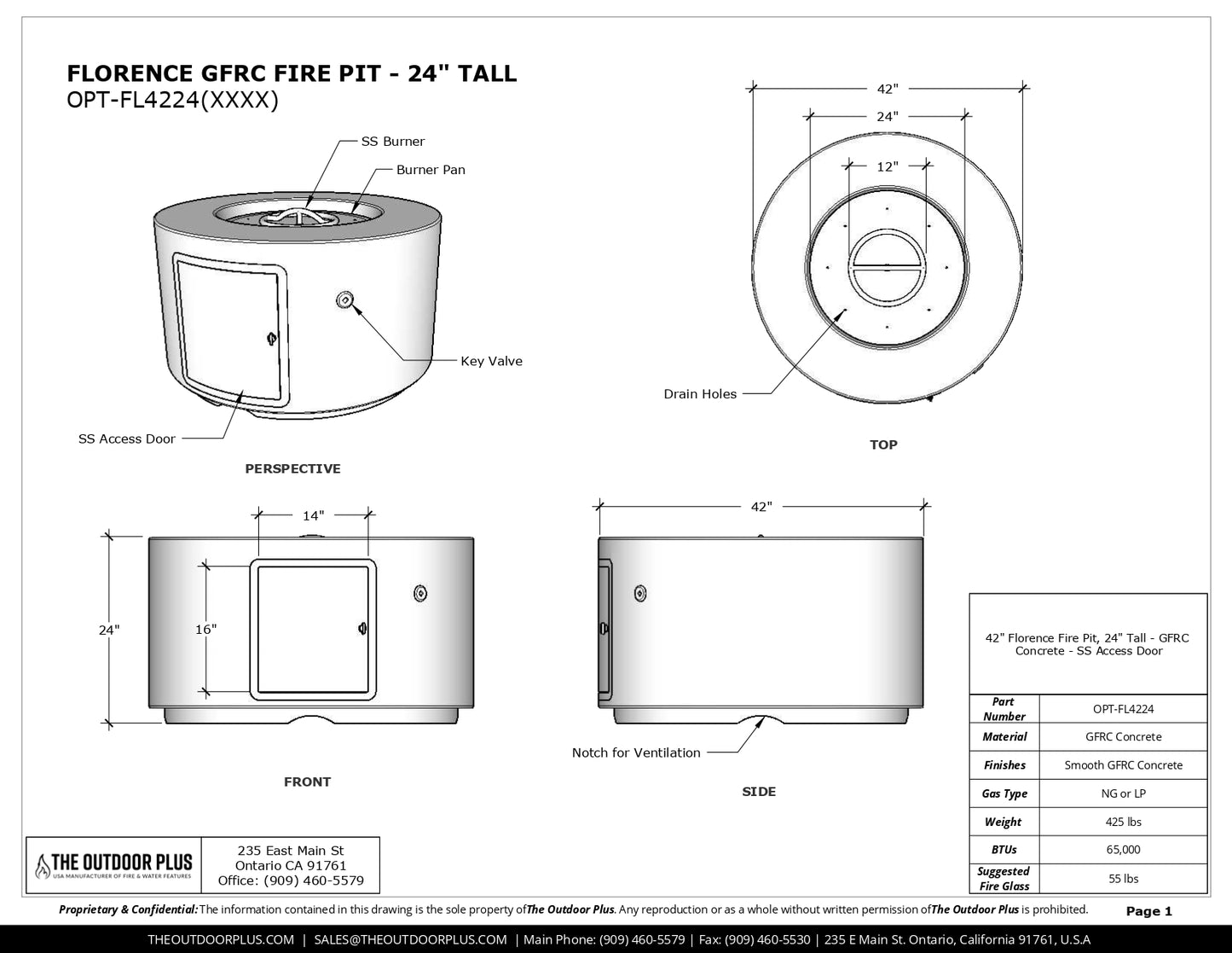 Florence Concrete 42" Fire Table / 24" Tall by The Outdoor Plus - Free Cover Included