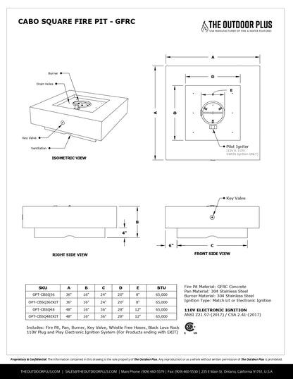 The Outdoor Plus Cabo Square Concrete Fire Pit - Free Cover