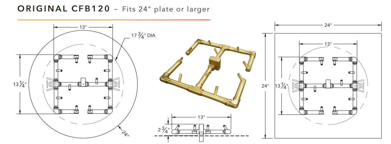 Warming Trends Original Crossfire Brass Fire Pit Burner - 120K BTU 13" x 13"