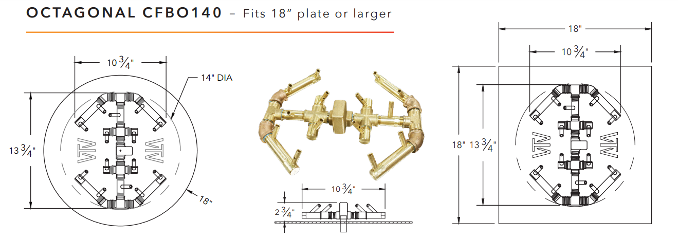 Warming Trends Octagonal Crossfire Brass Fire Pit Burner - 140K BTU 12.5” x 14.5"