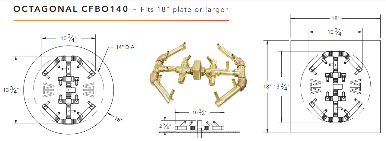 Warming Trends Octagonal Crossfire Brass Fire Pit Burner - 180K BTU 14.75" x 15.75"