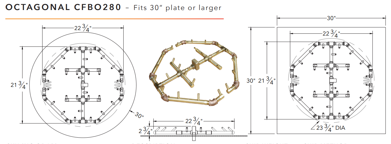 Warming Trends Octagonal Crossfire Brass Fire Pit Burner - 280K BTU 22.75" x 21.75"