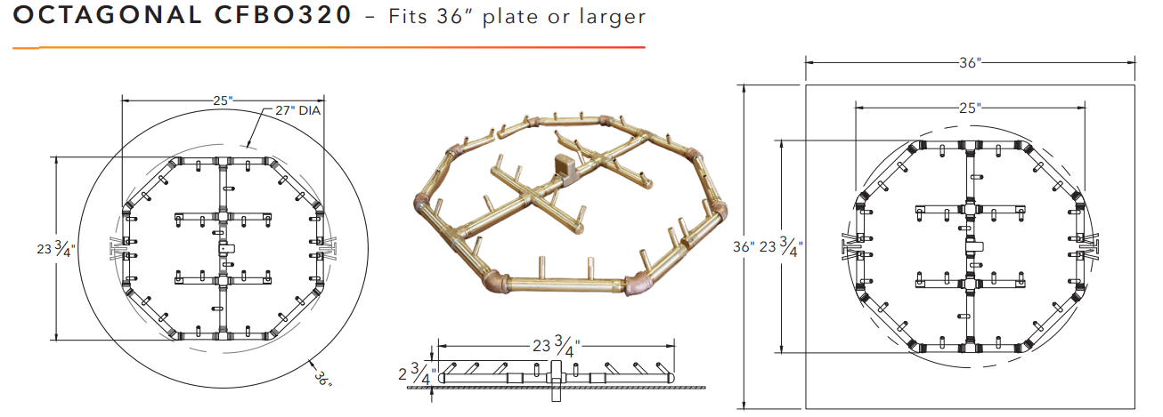 Warming Trends Octagonal Crossfire Brass Fire Pit Burner - 320K BTU 24.5" x 24.5"