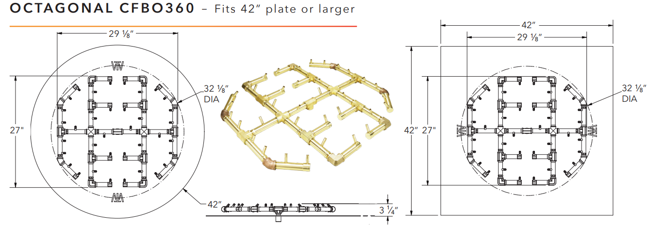 Warming Trends Octagonal Crossfire Brass Fire Pit Burner - 360K BTU 29.5” x 27.5"