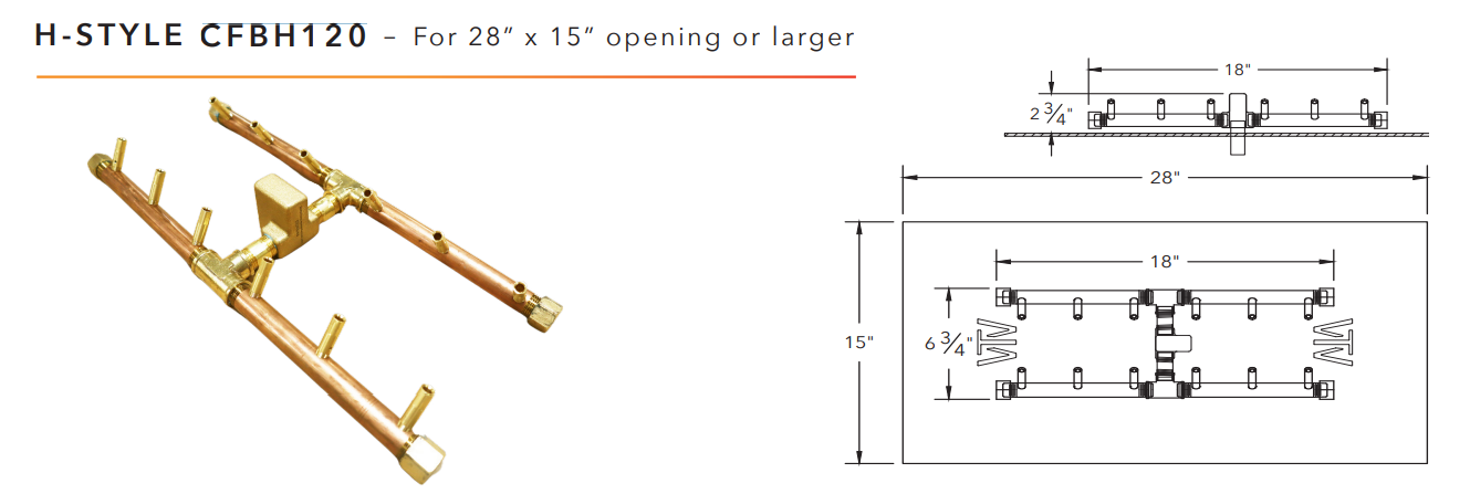 Warming Trends H-Style Crossfire Brass Fire Pit Burner - 120K BTU 18" X 7"