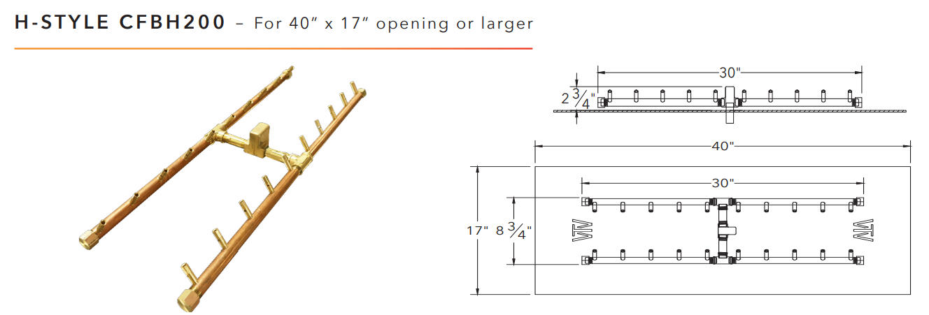 Warming Trends H-Style Crossfire Brass Fire Pit Burner - 200K BTU 30" x 9"
