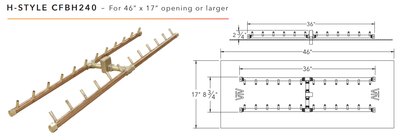 Warming Trends H-Style Crossfire Brass Fire Pit Burner - 240K BTU 36" x 9"