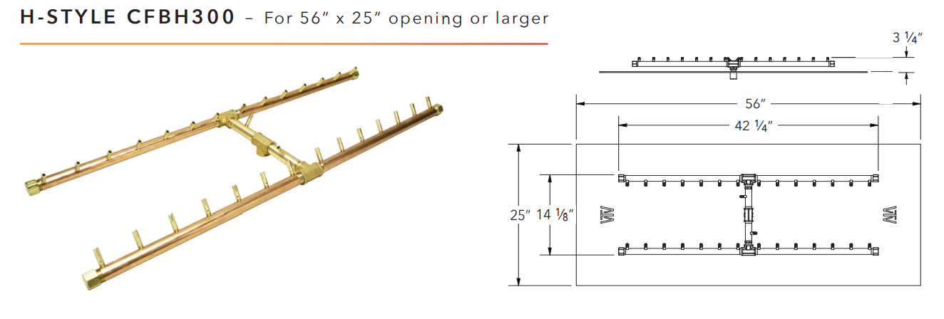Warming Trends H-Style Crossfire Brass Fire Pit Burner - 300K BTU 42" x 14"