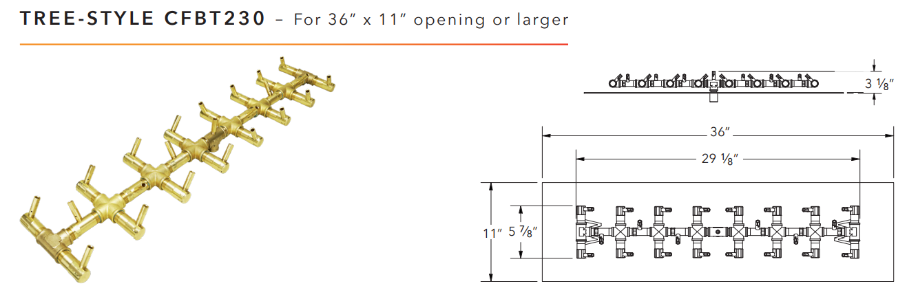 Warming Trends Tree-Style Crossfire Brass Fire Pit Burner - 230K BTU 30" x 7.25"