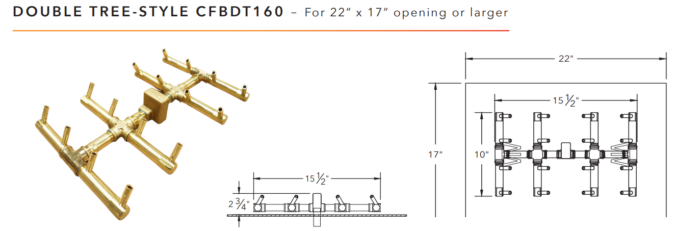 Warming Trends Double Tree-Style Crossfire Brass Fire Pit Burner - 160K BTU 15.75" x 11.25"