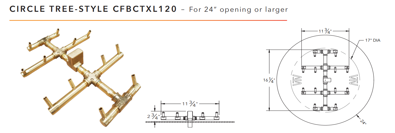 Warming Trends Circular Tree-Style Extended Length Crossfire Brass Fire Pit Burner - 120K BTU 13" x 16"