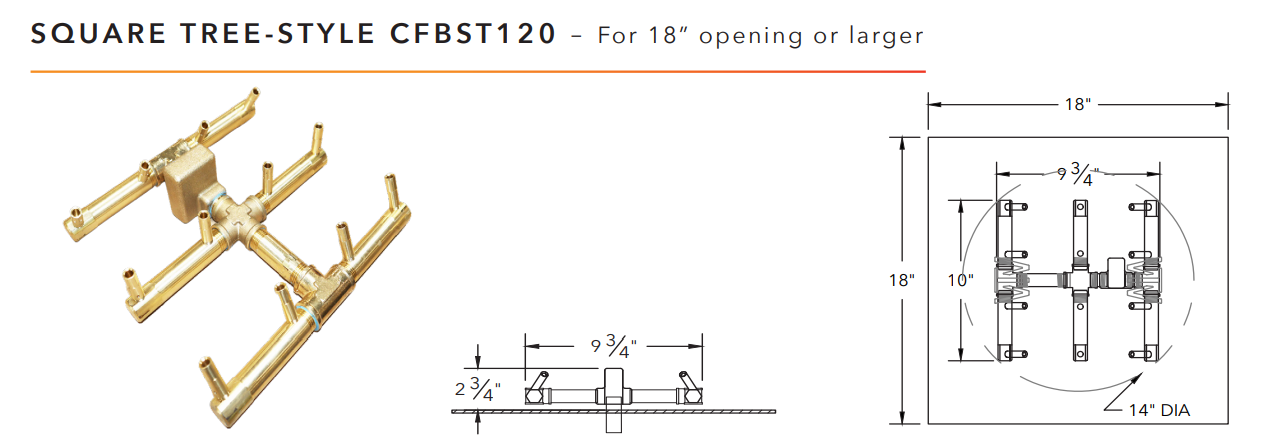 Warming Trends Square Tree-Style Crossfire Brass Fire Pit Burner - 120K BTU 10" x 11.25"