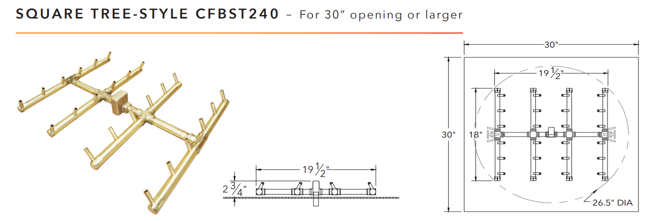 Warming Trends Square Tree-Style Crossfire Brass Fire Pit Burner - 240K BTU 20" x 18"