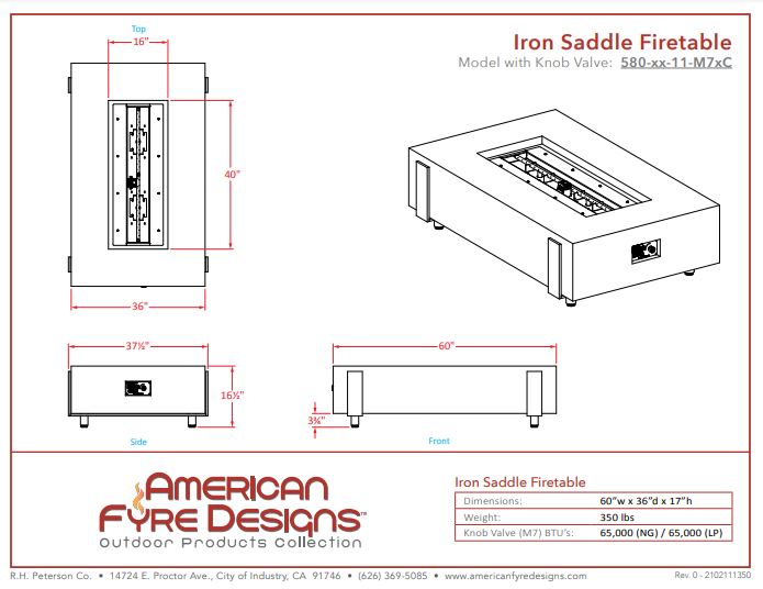 American Fyre Designs Iron Saddle Firetable with Electronic Ignition + Free Cover