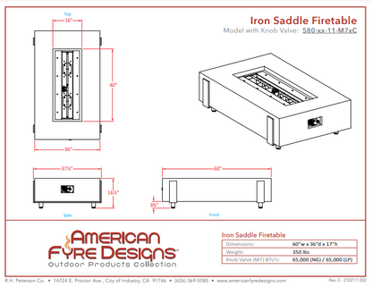 American Fyre Designs Iron Saddle Firetable with Electronic Ignition + Free Cover
