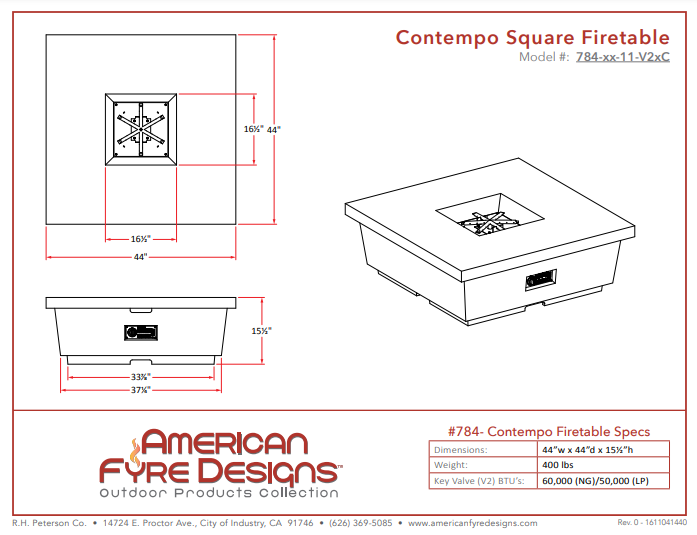 American Fyre Designs Contempo Square Firetable + Free Cover