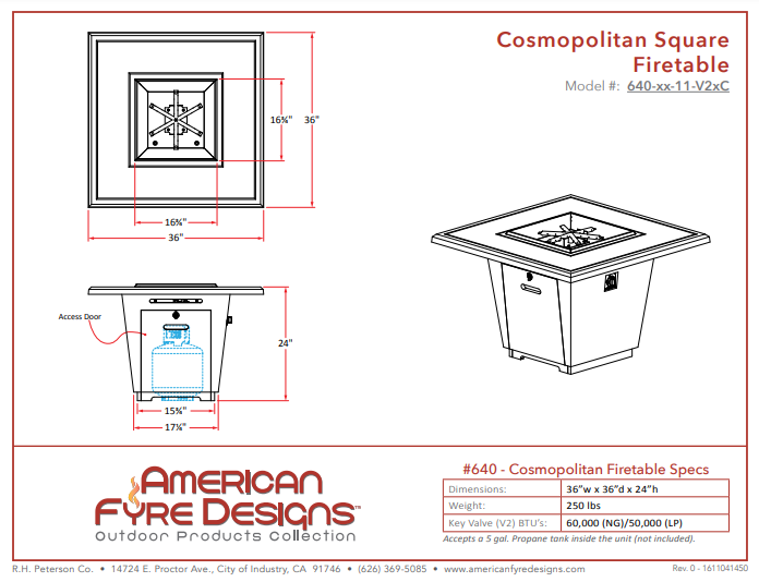 American Fyre Designs Cosmopolitan Square Firetable + Free Cover
