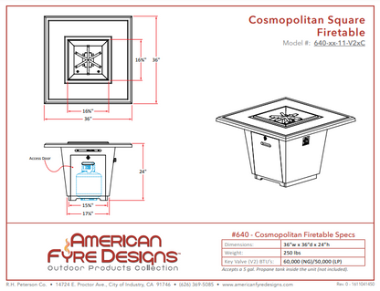 American Fyre Designs Cosmopolitan Square Firetable with Electronic Ignition + Free Cover
