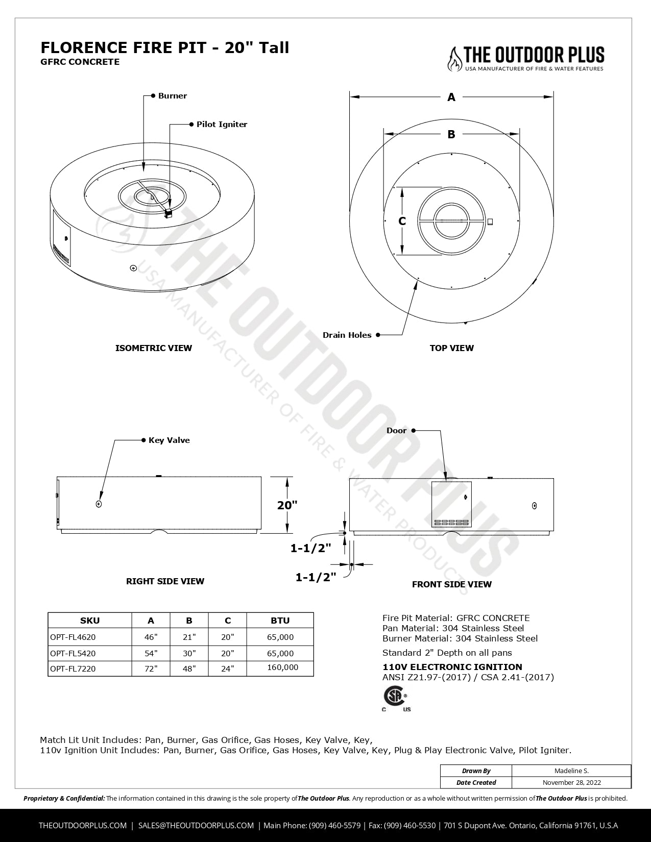 Florence Concrete Fire Pit 72" by The Outdoor Plus - Free Cover Included