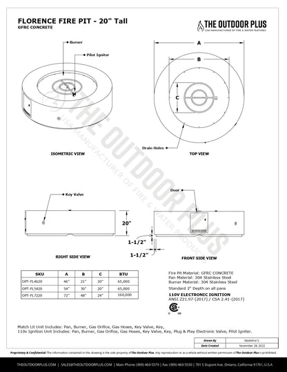 Florence Concrete Fire Pit 72" by The Outdoor Plus - Free Cover Included