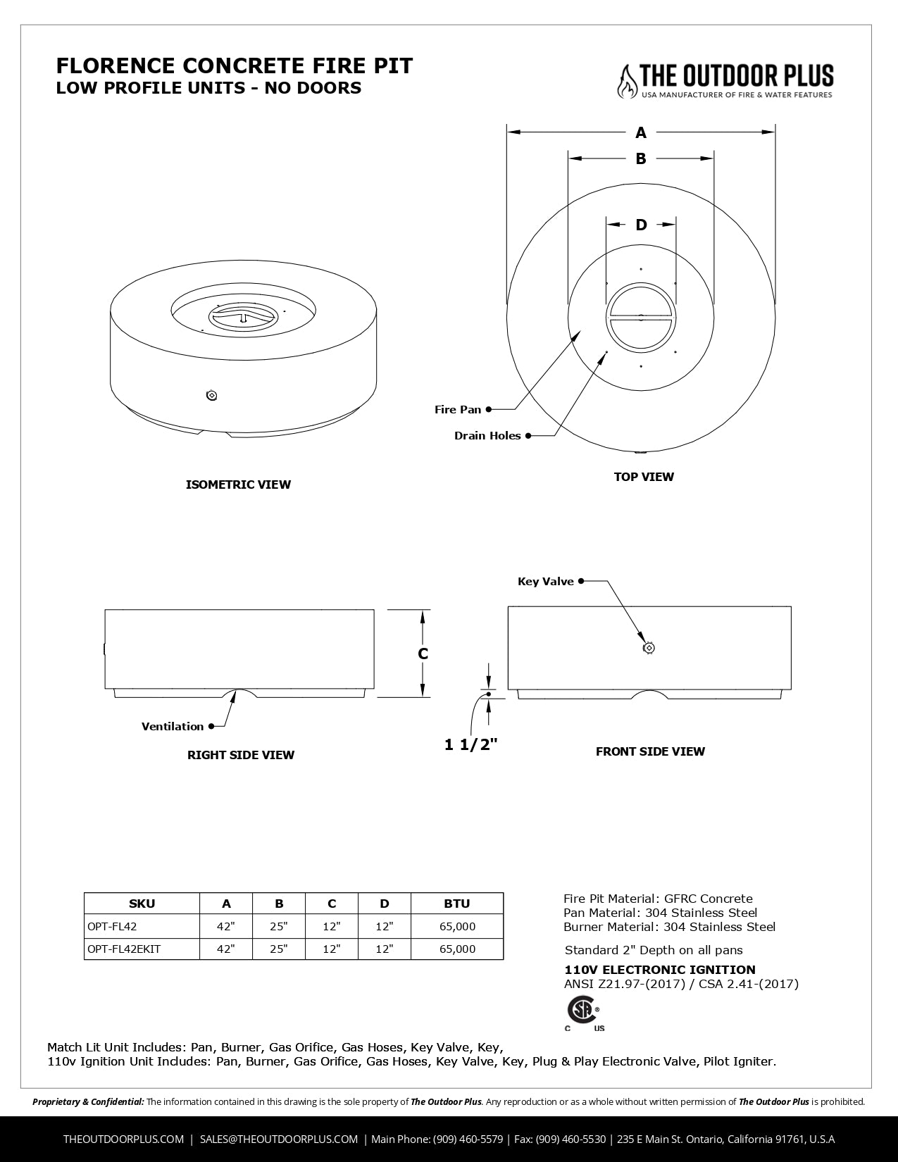 Florence Concrete 42" Fire Pit 12" Tall by The Outdoor Plus - Free Cover Included