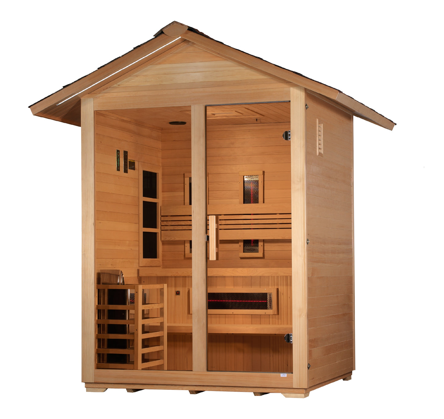 Golden Designs "Carinthia" 3 Person Hybrid (Full Spectrum IR or Traditional Stove) Outdoor Sauna -  Canadian Hemlock