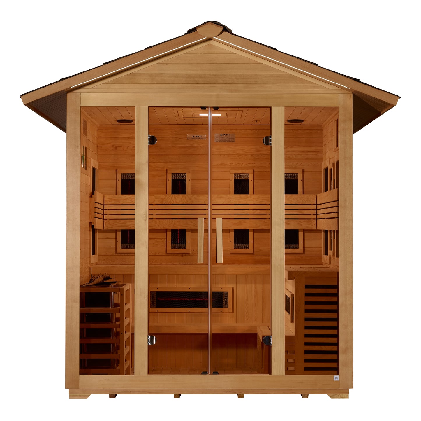 Golden Designs "Gargellen" 5 Person Hybrid (Full Spectrum IR or Traditional Stove) Outdoor Sauna -  Canadian Hemlock