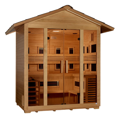 Golden Designs "Gargellen" 5 Person Hybrid (Full Spectrum IR or Traditional Stove) Outdoor Sauna -  Canadian Hemlock