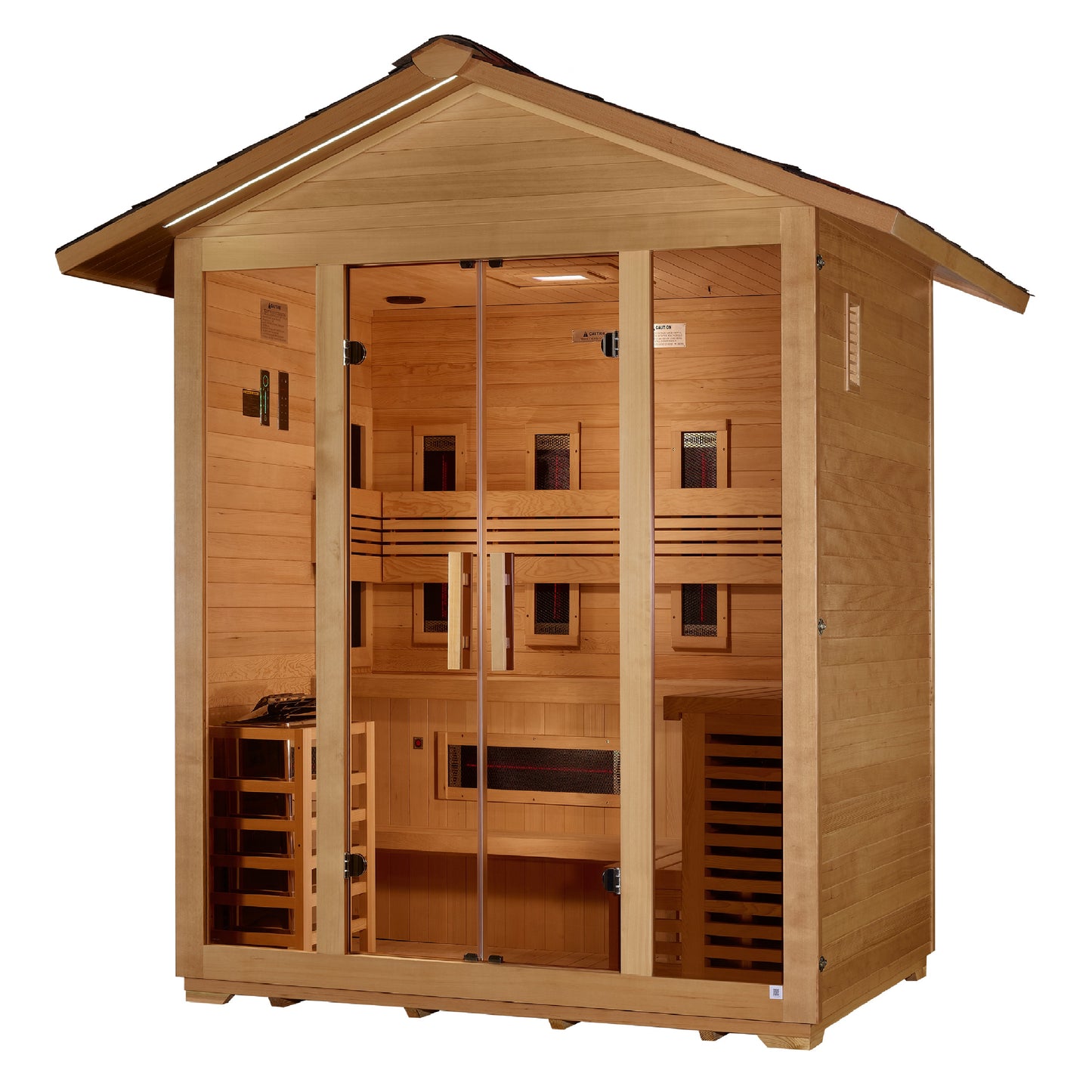 Golden Designs "Gargellen" 5 Person Hybrid (Full Spectrum IR or Traditional Stove) Outdoor Sauna -  Canadian Hemlock