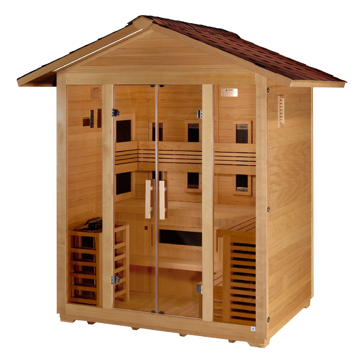 Golden Designs "Gargellen" 5 Person Hybrid (Full Spectrum IR or Traditional Stove) Outdoor Sauna -  Canadian Hemlock