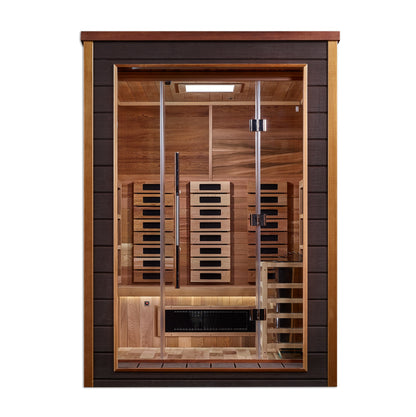 Golden Designs Nora 2 Person Hybrid (Full Spectrum IR or Traditional Stove) Outdoor Sauna-Canadian Red Cedar Interior