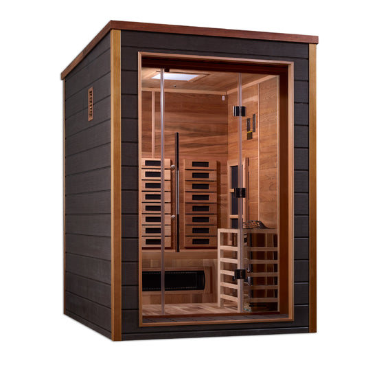 Golden Designs Nora 2 Person Hybrid (Full Spectrum IR or Traditional Stove) Outdoor Sauna-Canadian Red Cedar Interior