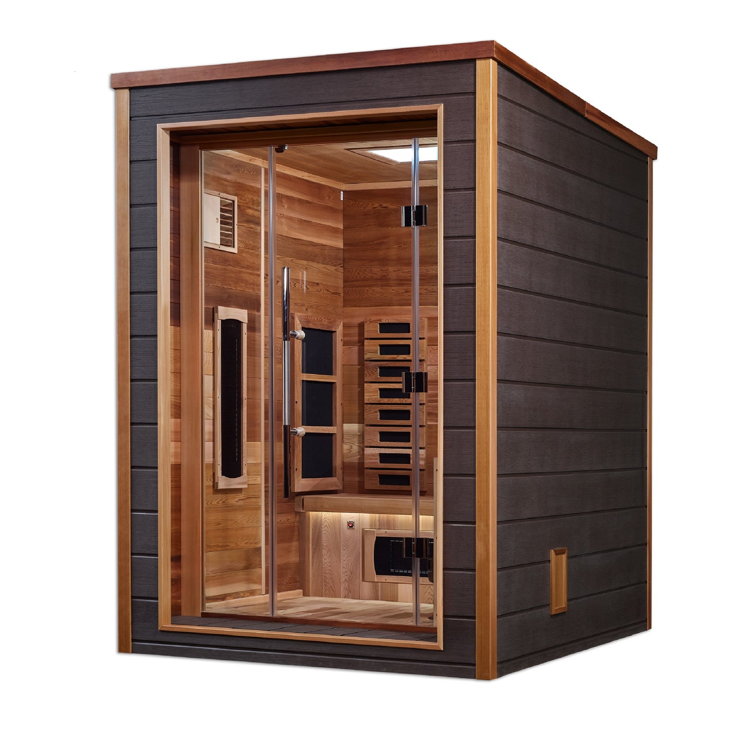 Golden Designs Nora 2 Person Hybrid (Full Spectrum IR or Traditional Stove) Outdoor Sauna-Canadian Red Cedar Interior