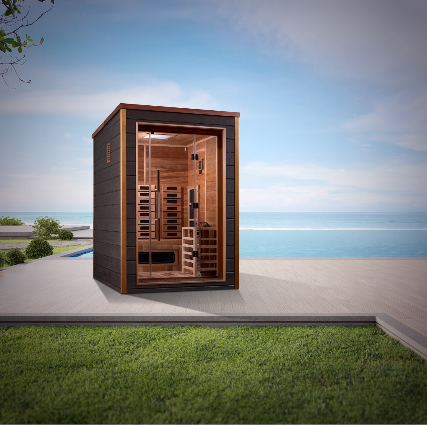 Golden Designs Nora 2 Person Hybrid (Full Spectrum IR or Traditional Stove) Outdoor Sauna-Canadian Red Cedar Interior