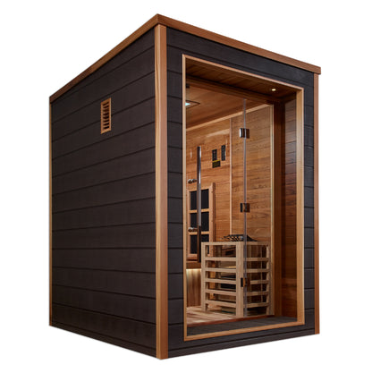 Golden Designs Nora 2 Person Hybrid (Full Spectrum IR or Traditional Stove) Outdoor Sauna-Canadian Red Cedar Interior