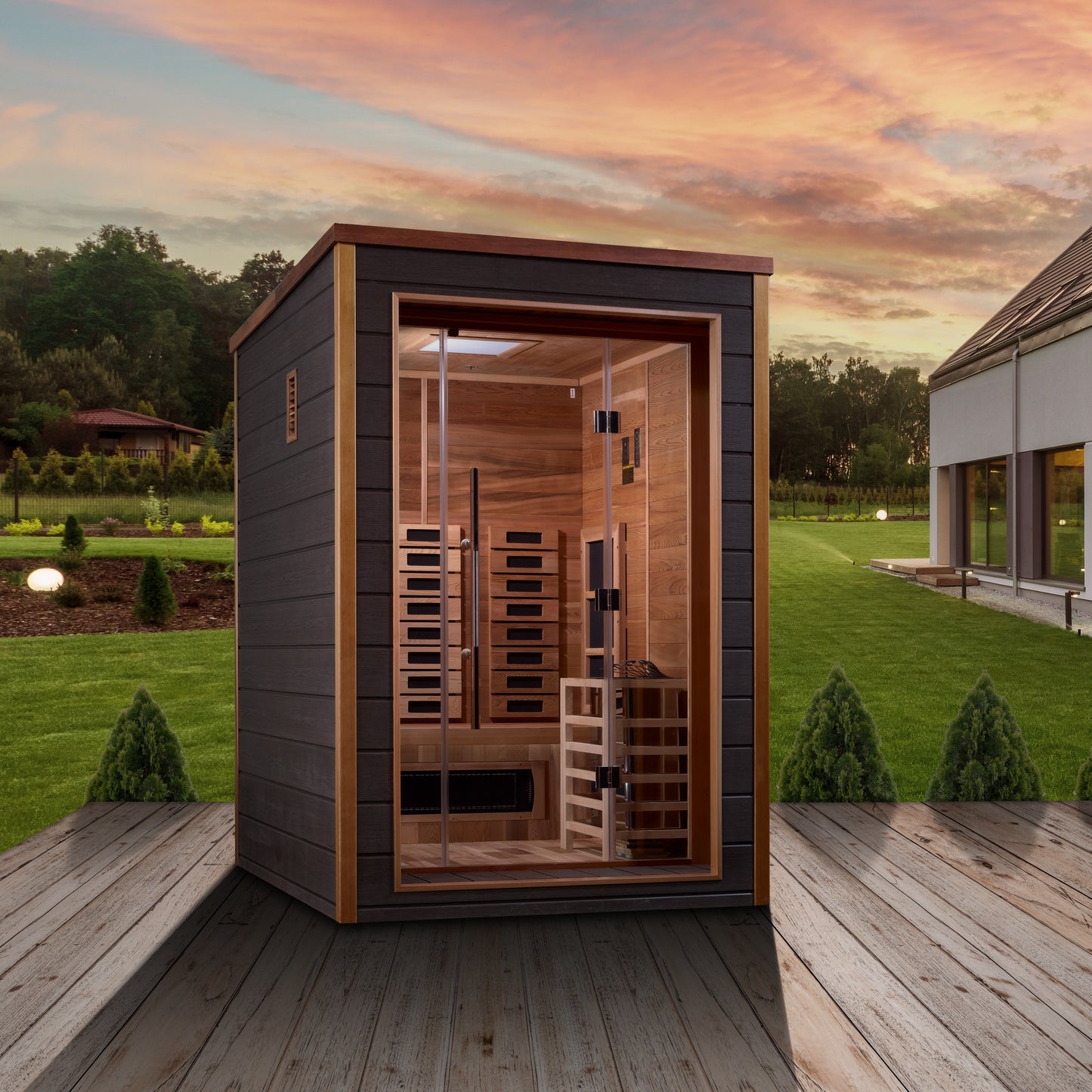 Golden Designs Nora 2 Person Hybrid (Full Spectrum IR or Traditional Stove) Outdoor Sauna-Canadian Red Cedar Interior