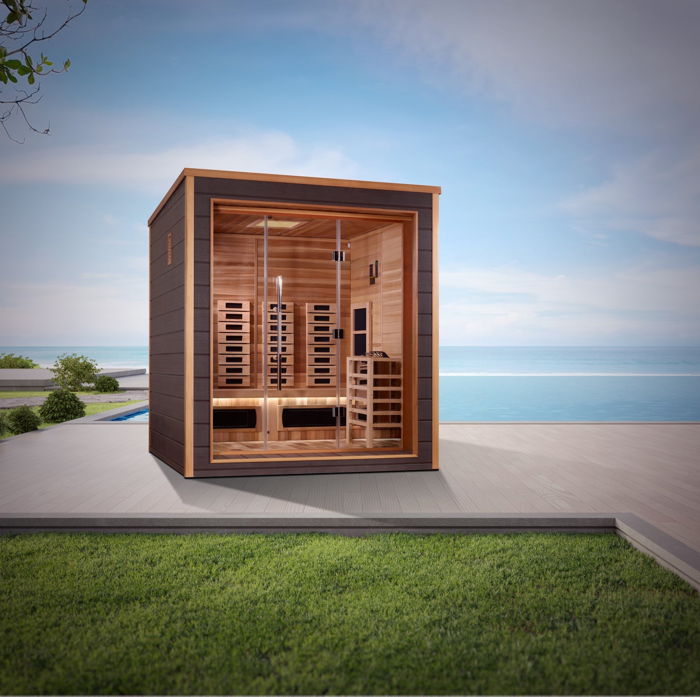 Golden Designs Visby 3 Person Hybrid (Full Spectrum IR or Traditional Stove) Outdoor Sauna - Canadian Red Cedar Interior