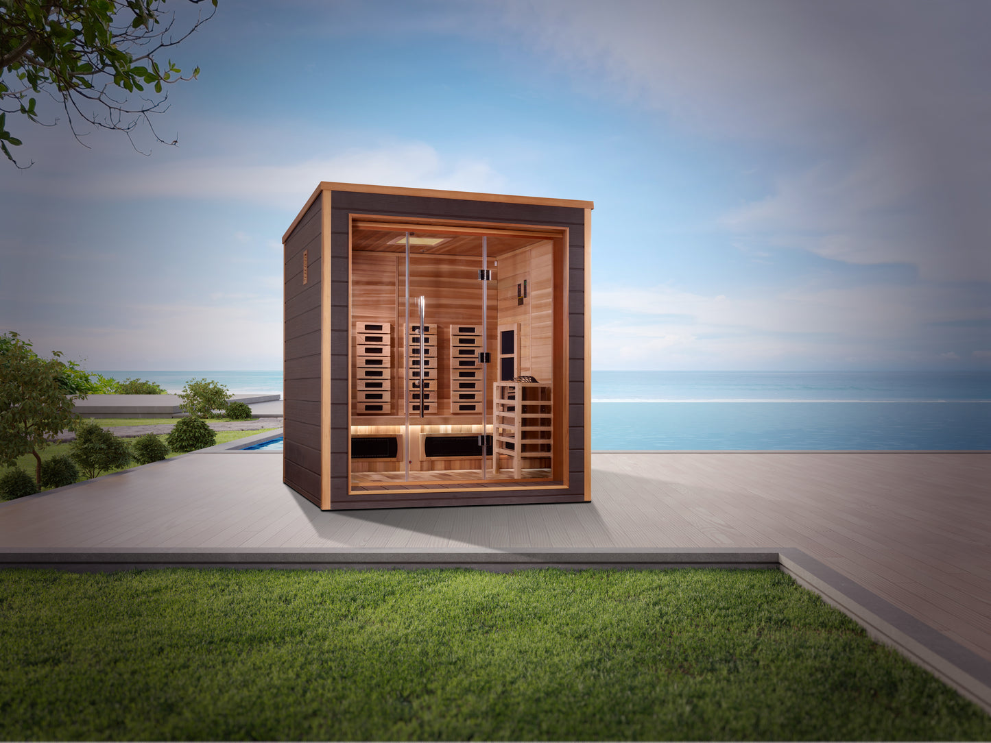 Golden Designs Visby 3 Person Hybrid (Full Spectrum IR or Traditional Stove) Outdoor Sauna - Canadian Red Cedar Interior