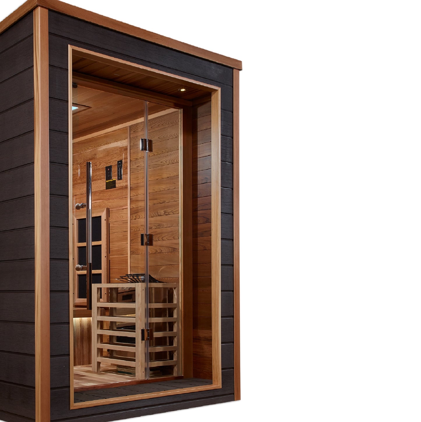 Golden Designs Karlstad 6 Person Hybrid (Full Spectrum IR or Traditional Stove) Outdoor Sauna - Canadian Red Cedar Interior