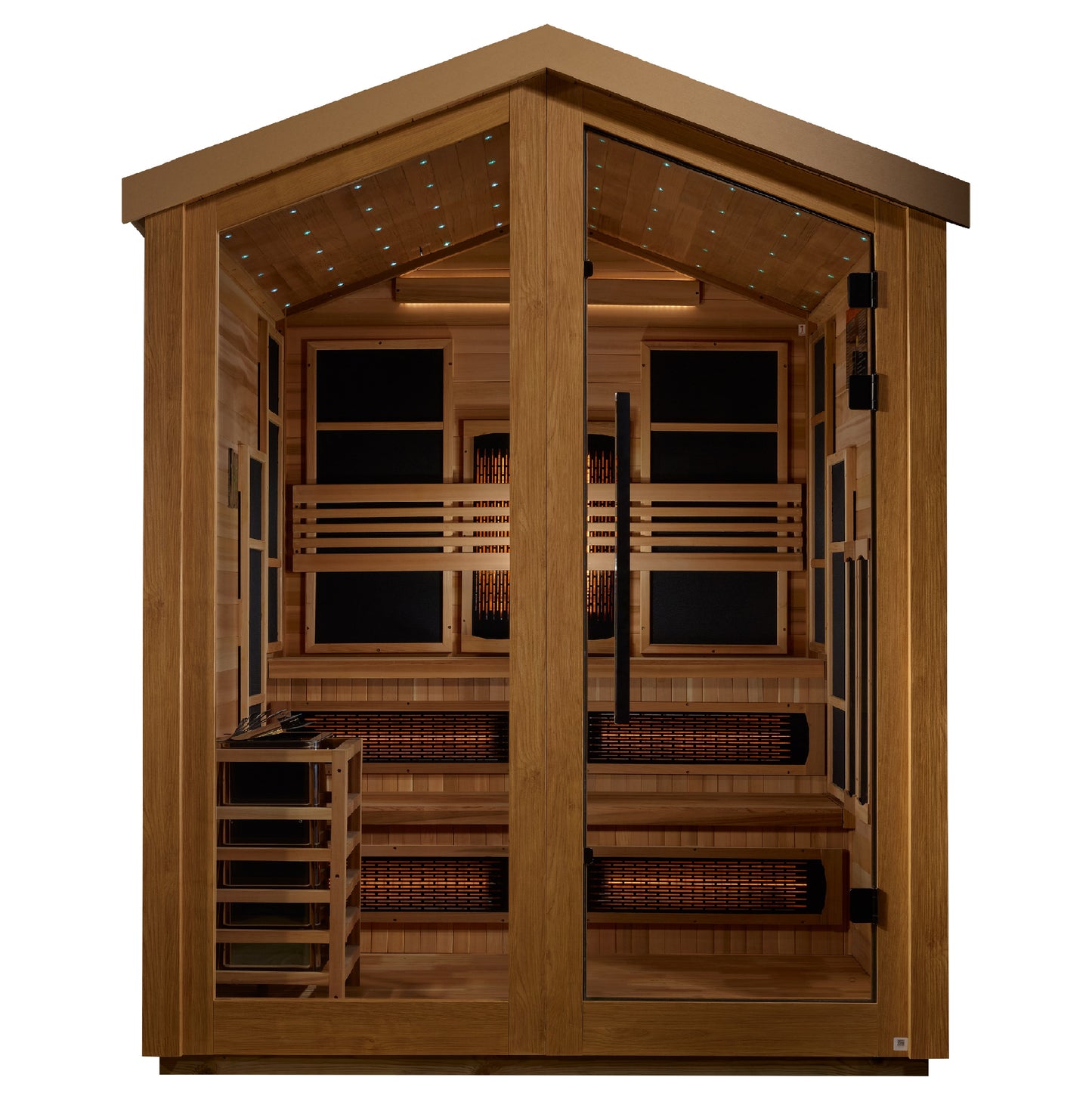 Golden Designs Kaskinen 6 Person Hybrid (Full Spectrum IR or Traditional Stove) Outdoor Sauna - Canadian Red Cedar Interior