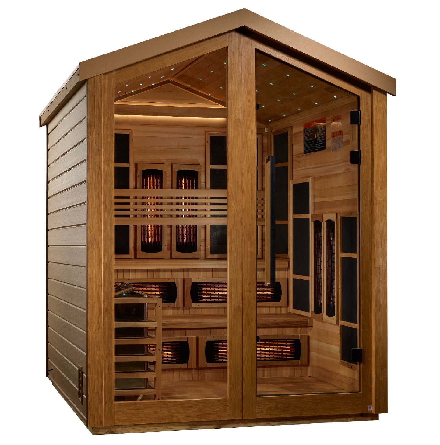 Golden Designs Kaskinen 6 Person Hybrid (Full Spectrum IR or Traditional Stove) Outdoor Sauna - Canadian Red Cedar Interior