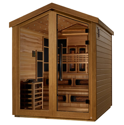 Golden Designs Kaskinen 6 Person Hybrid (Full Spectrum IR or Traditional Stove) Outdoor Sauna - Canadian Red Cedar Interior