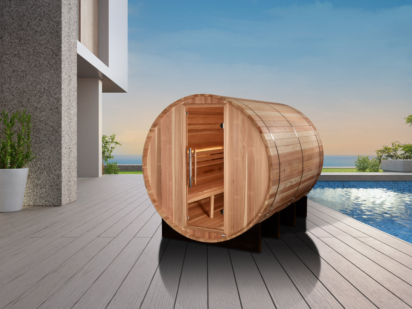 Golden Designs "Klosters" 6 Person Barrel Traditional Sauna -  Pacific Cedar