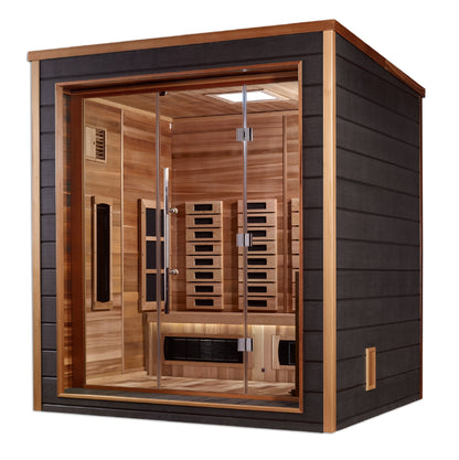 Golden Designs Visby 3 Person Hybrid (Full Spectrum IR or Traditional Stove) Outdoor Sauna - Canadian Red Cedar Interior